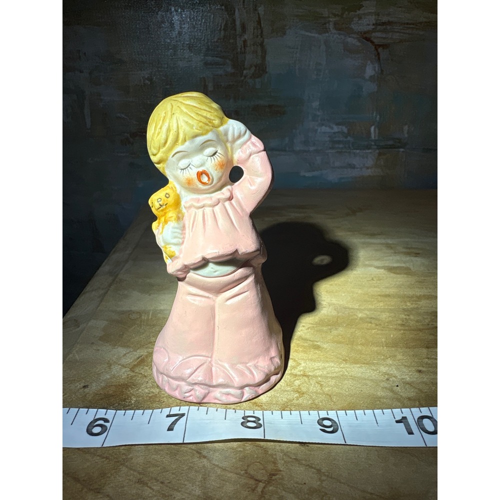 Vintage Jasco Ceramic Bell Girl in Pink Pajamas with Teddy Bear Matte Bisque